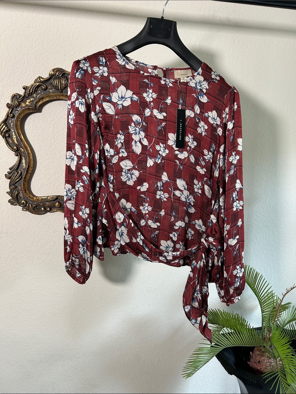 Madeline Burgundy Floral Tie-Waist Blouse